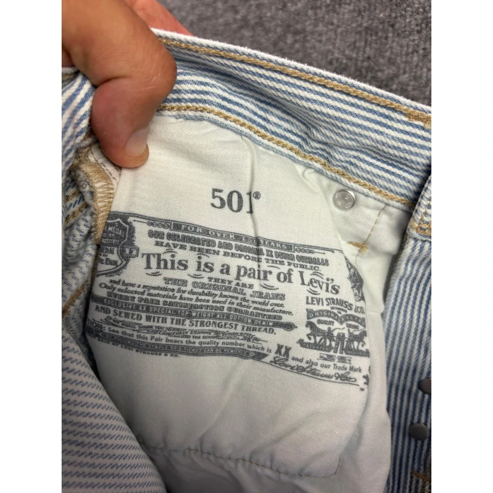 Levi's 501 Jeans Womens 28 Blue White Hickory Stripe High Rise Straight Leg